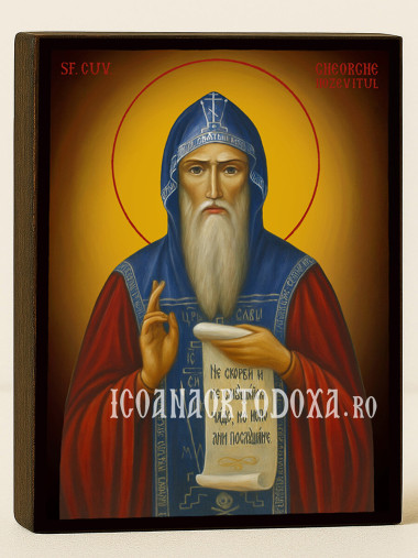Icoană cu Sfântul Gheorghe Hozevitul cu fundal galben luminos