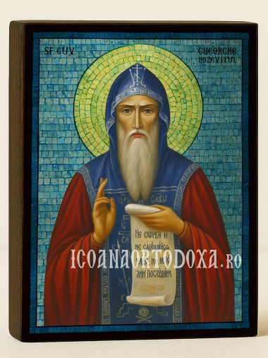 Icoană cu Sfântul Gheorghe Hozevitul cu mozaic albastru argintiu