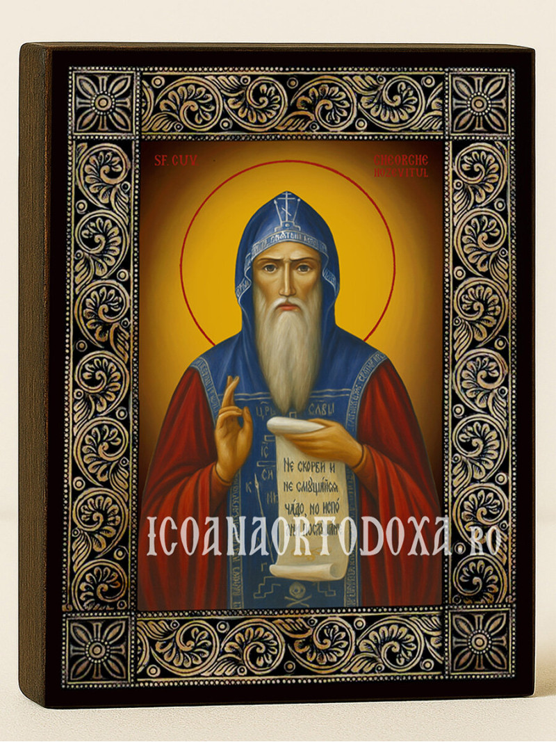 Icoană cu Sfântul Gheorghe Hozevitul cu ramă florală decorativă