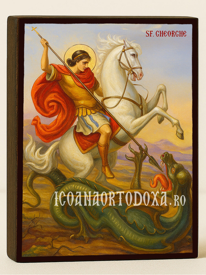 Icoană a Sfântului Gheorghe Purtătorul de biruință călare – ucigând balaurul