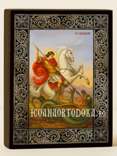 Icoană cu Sfântul Gheorghe pe cal cu ramă florală decorativă