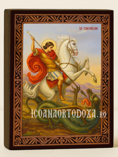 Icoană a Sfântului Gheorghe Purtătorul de biruință călare – cu ramă decorativă