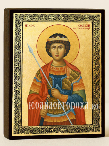 Icoană aurită cu Sfântul Gheorghe Purtătorul de Biruință și ramă decorativă