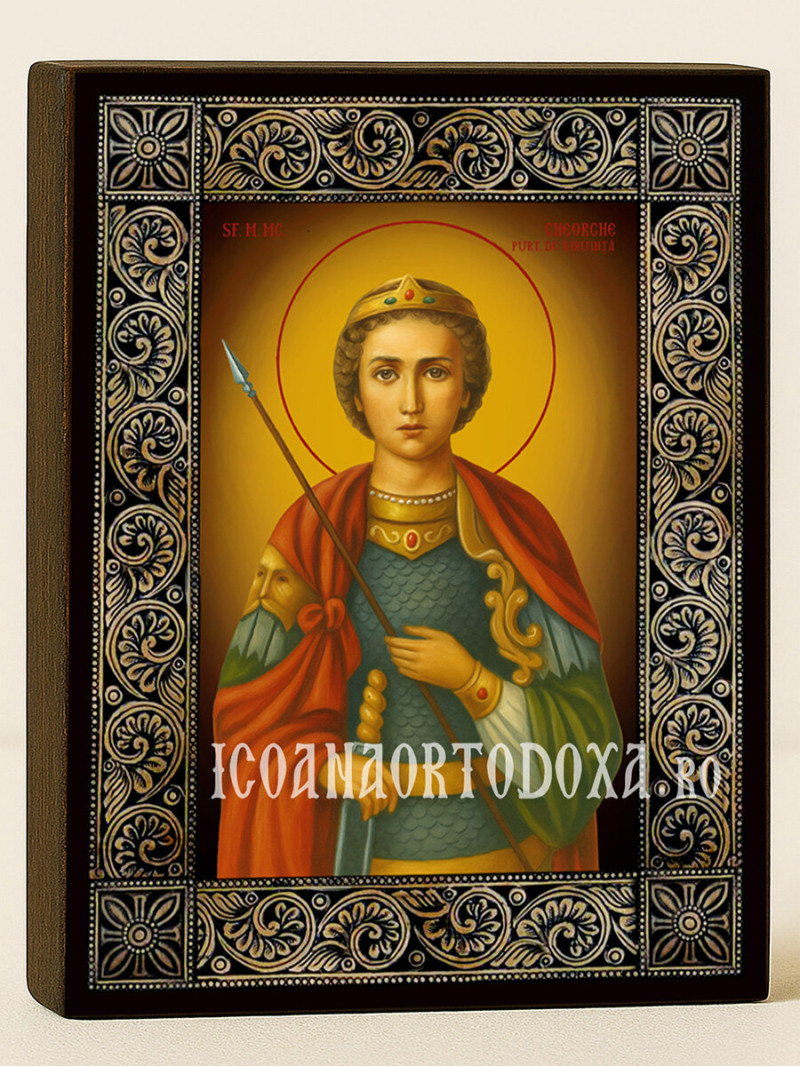 Icoană cu Sfântul Gheorghe Purtătorul de Biruință cu ramă florală decorativă