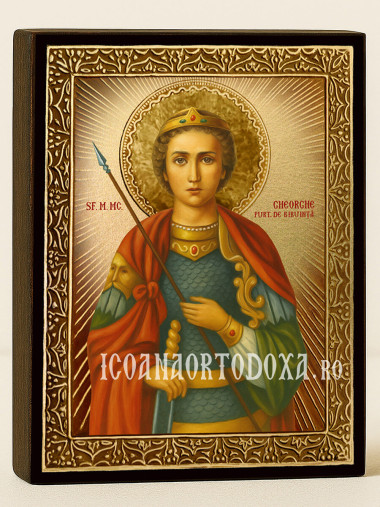 Icoană cu Sfântul Gheorghe Purtătorul de Biruință cu raze aurii decorative