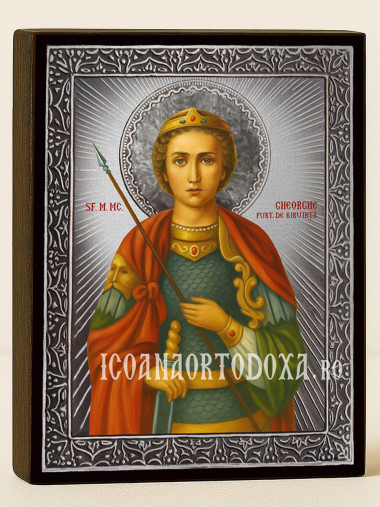 Icoană cu Sfântul Gheorghe Purtătorul de Biruință cu raze argintii decorative