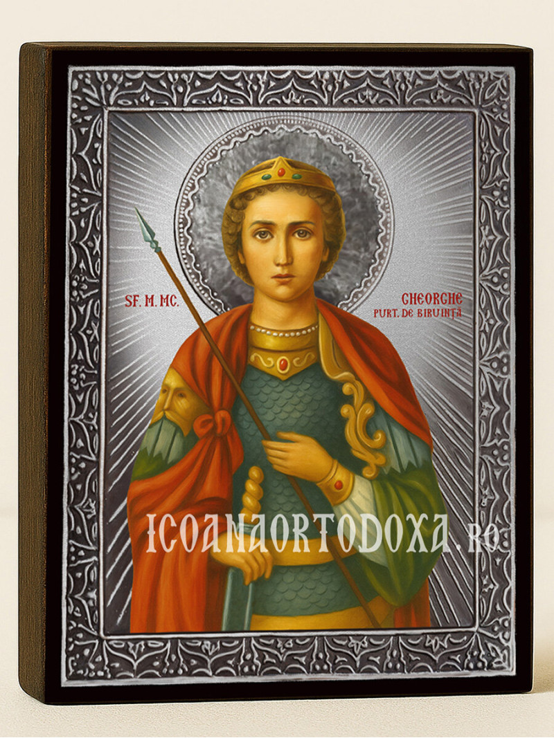 Icoană cu Sfântul Gheorghe Purtătorul de Biruință cu raze argintii decorative