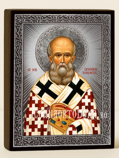 Icoană cu Sfântul Grigorie Teologul cu raze argintii decorative