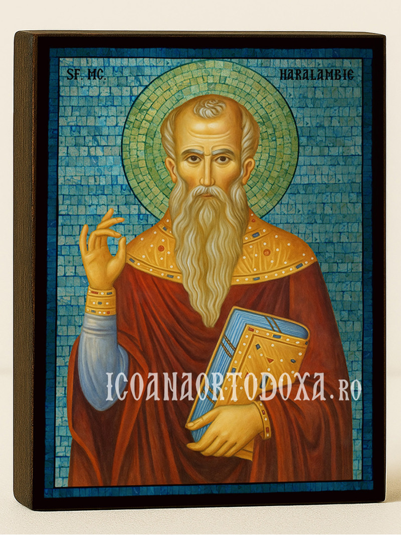 Icoană cu Sfântul Haralambie cu mozaic albastru argintiu
