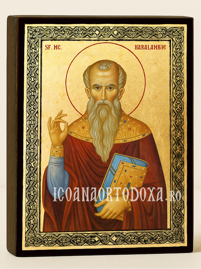 Icoană aurită cu Sfântul Haralambie și ramă decorativă