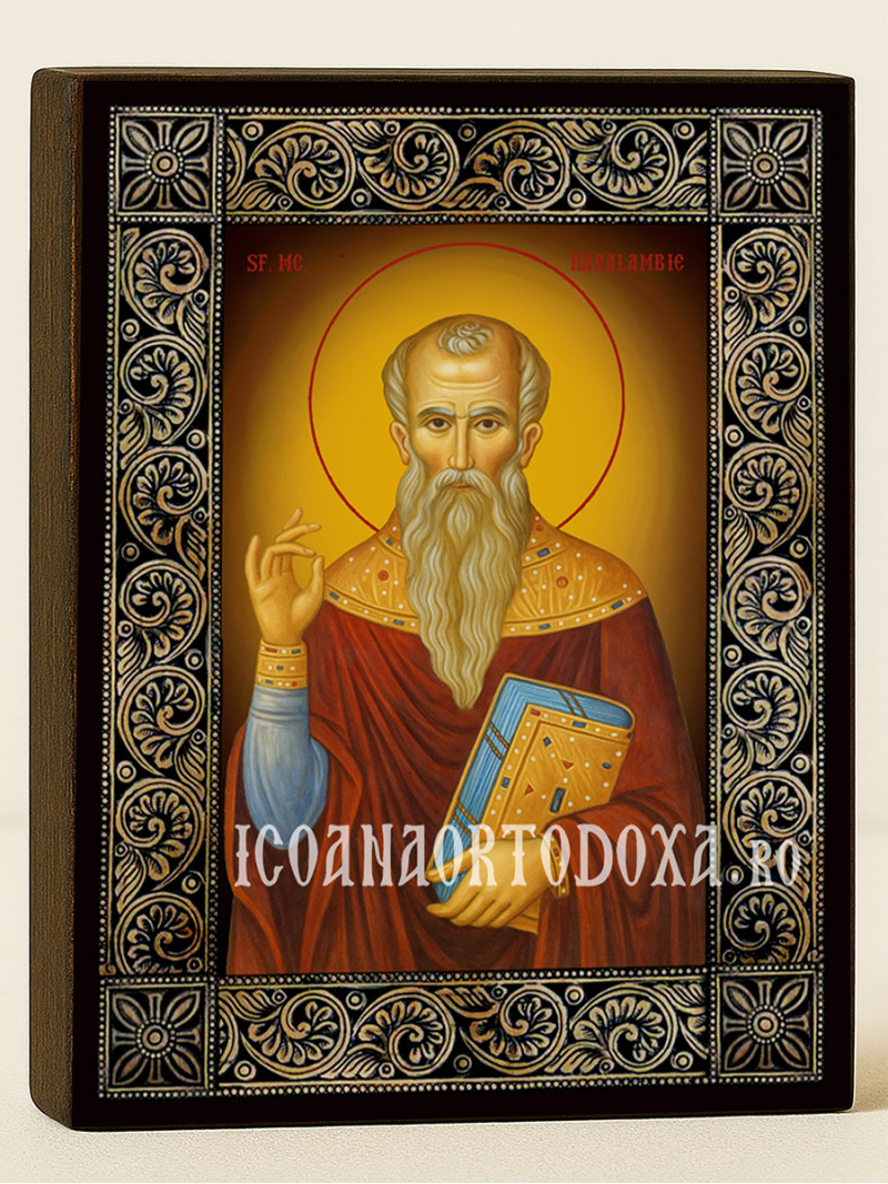 Icoană cu Sfântul Haralambie cu ramă florală decorativă