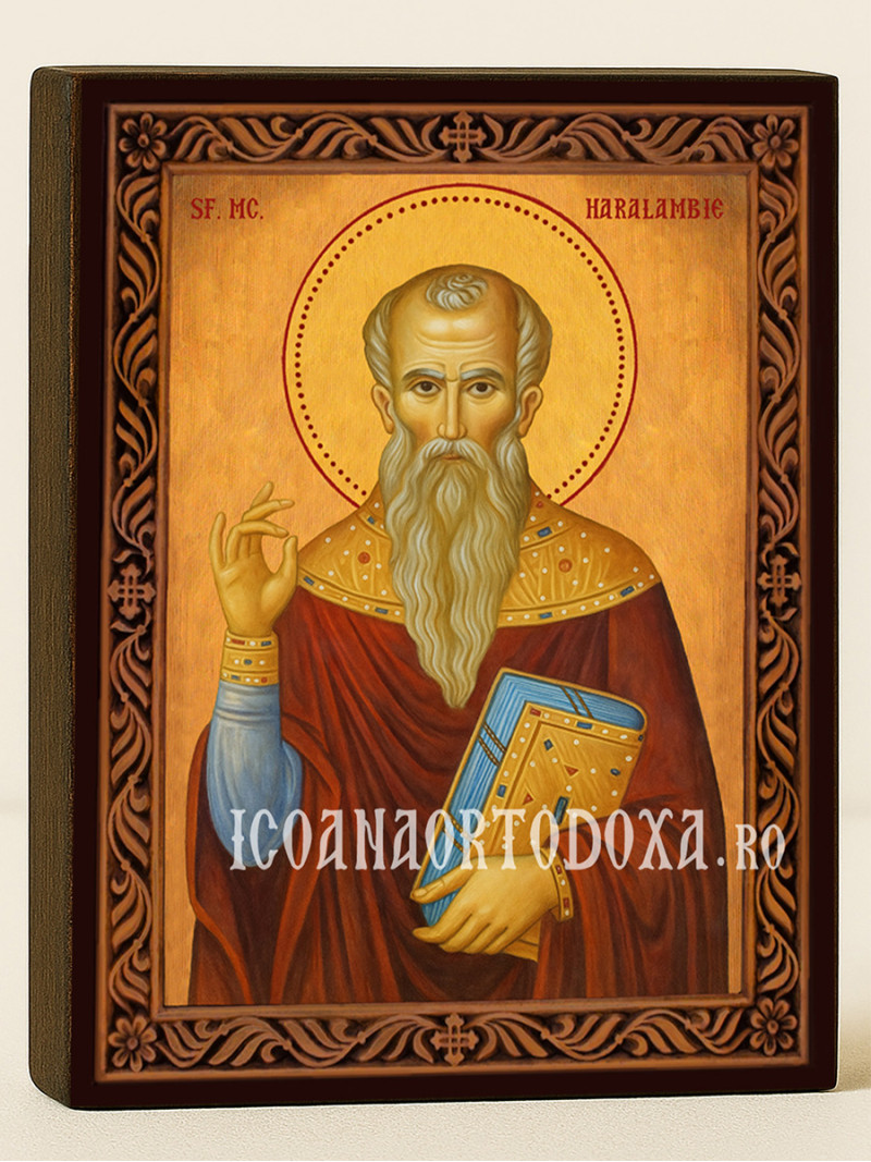 Icoană cu Sfântul Haralambie cu ramă decorativă sculpturală