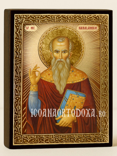 Icoană cu Sfântul Haralambie cu raze aurii decorative