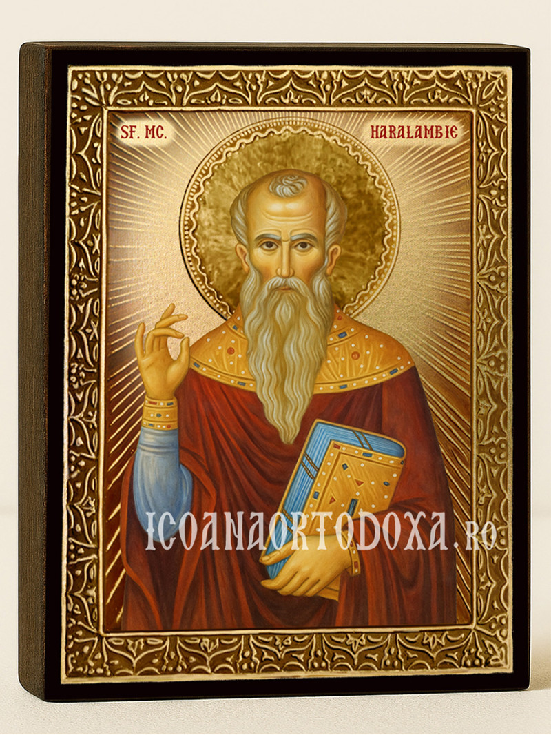 Icoană cu Sfântul Haralambie cu raze aurii decorative