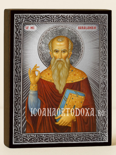 Icoană cu Sfântul Haralambie cu raze argintii decorative