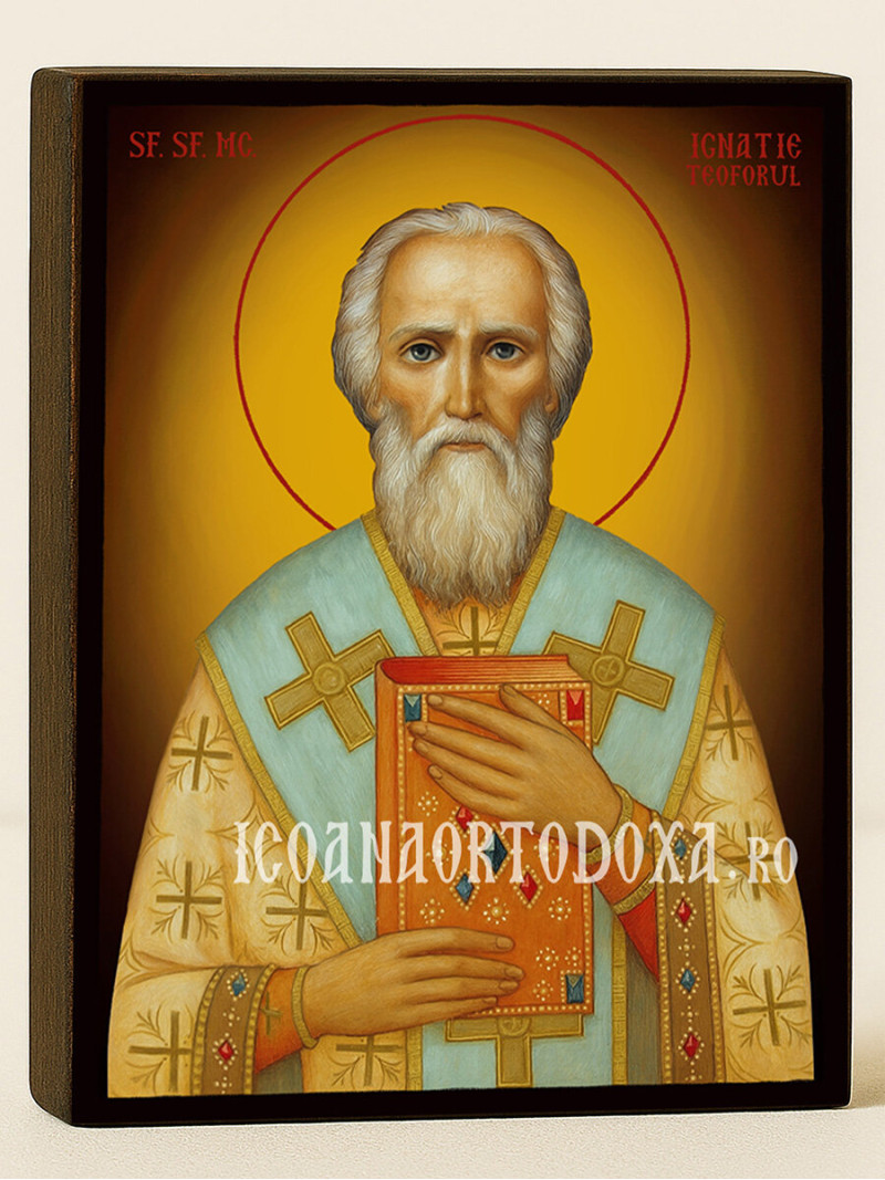 Icoană cu Sfântul Ignatie Purtătorul de Dumnezeu cu fundal galben luminos