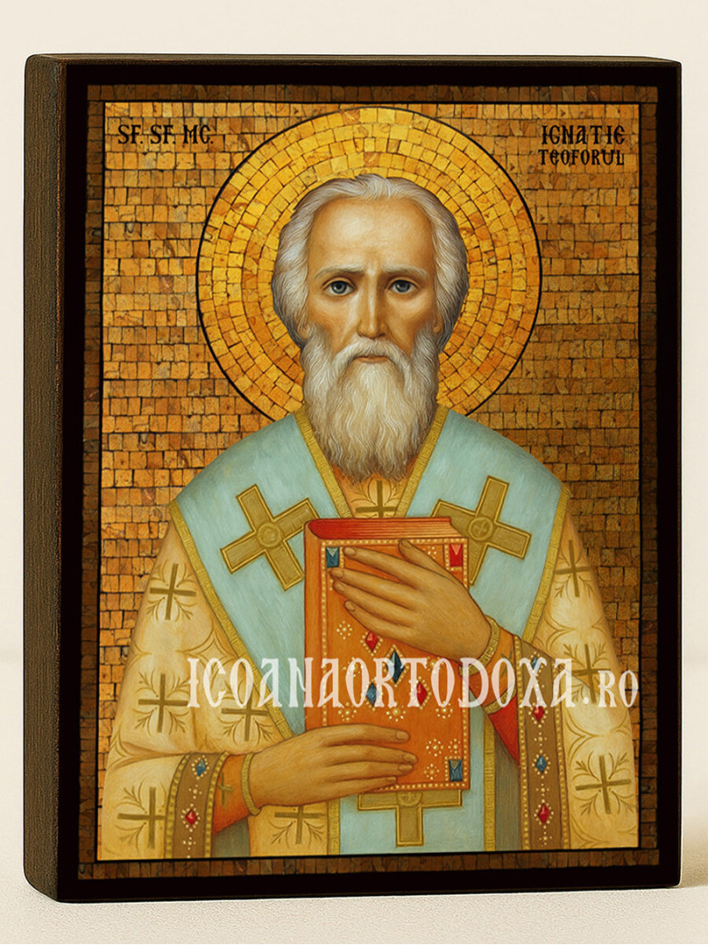 Icoană cu Sfântul Ignatie Purtătorul de Dumnezeu cu mozaic auriu decorativ
