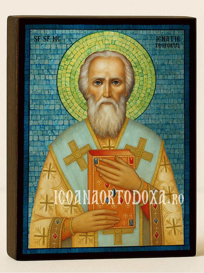 Icoană cu Sfântul Ignatie Purtătorul de Dumnezeu cu mozaic albastru argintiu
