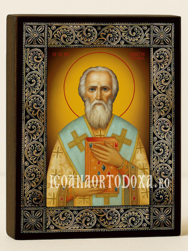Icoană cu Sfântul Ignatie Purtătorul de Dumnezeu cu ramă florală decorativă