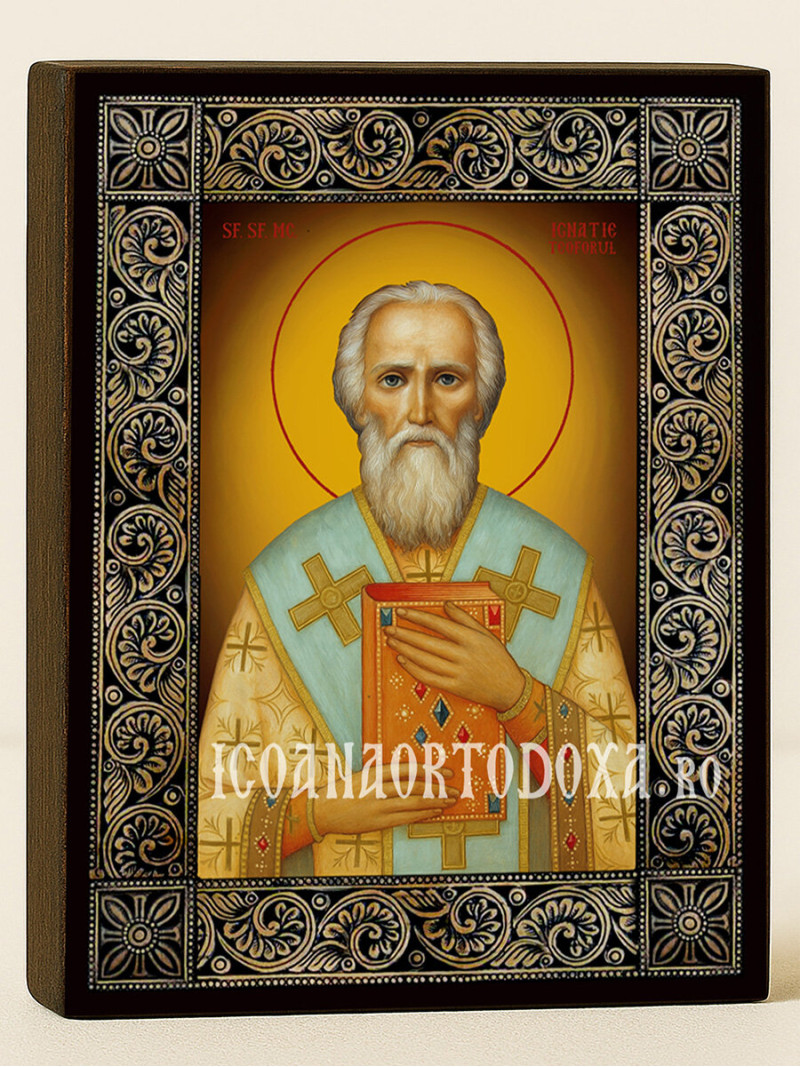 Icoană cu Sfântul Ignatie Purtătorul de Dumnezeu cu ramă florală decorativă