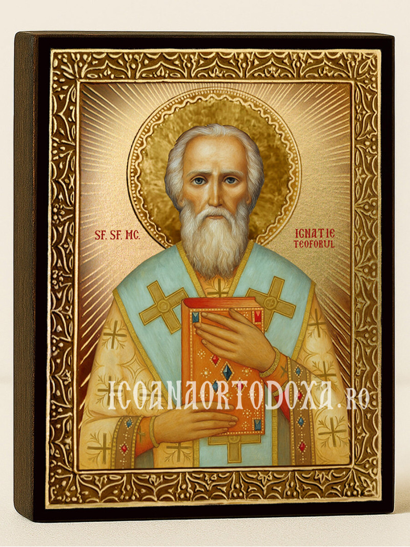 Icoană cu Sfântul Ignatie Purtătorul de Dumnezeu cu raze aurii decorative