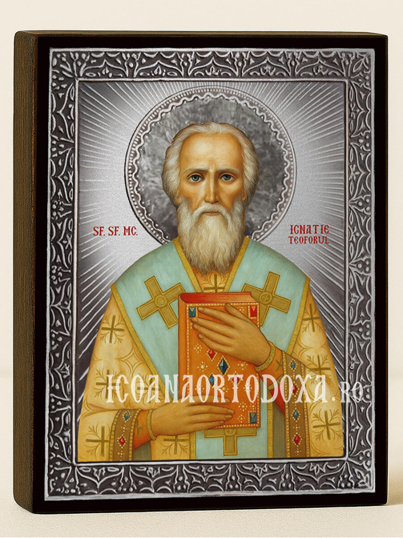 Icoană cu Sfântul Ignatie Purtătorul de Dumnezeu cu raze argintii decorative
