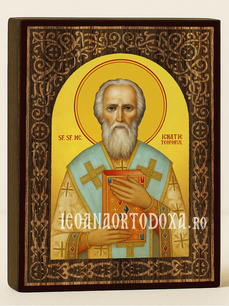 Icoană cu Sfântul Ignatie Purtătorul de Dumnezeu cu arc floral cu textură de lemn