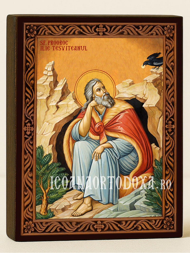 Icoană cu Sfântul Ilie cu ramă decorativă rustică