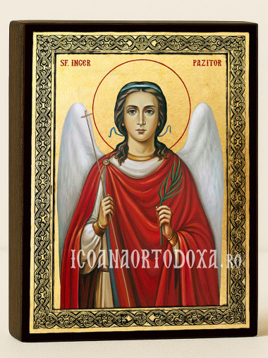 Icoană aurită cu Sfântul Înger Păzitor și ramă decorativă