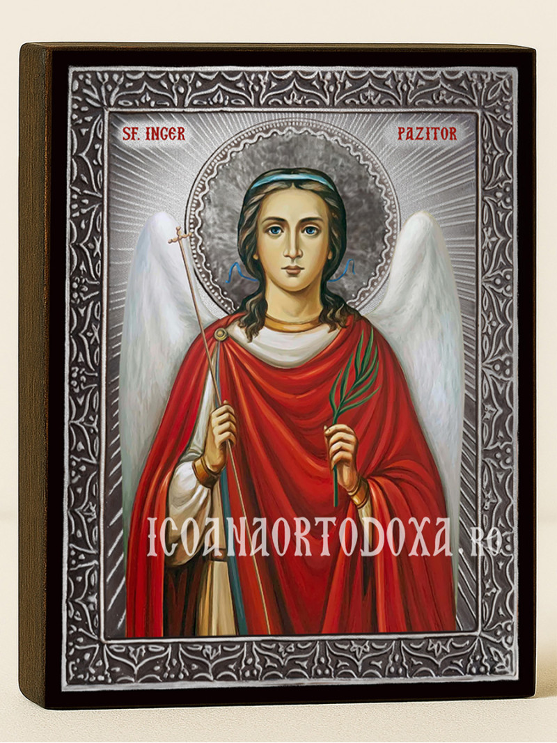 Icoană cu Sfântul Înger Păzitor cu raze argintii decorative
