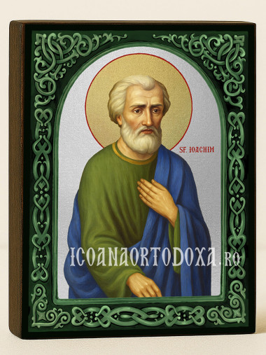 Icoană cu Sfântul Ioachim cu arc floral verde și fundal argintiu