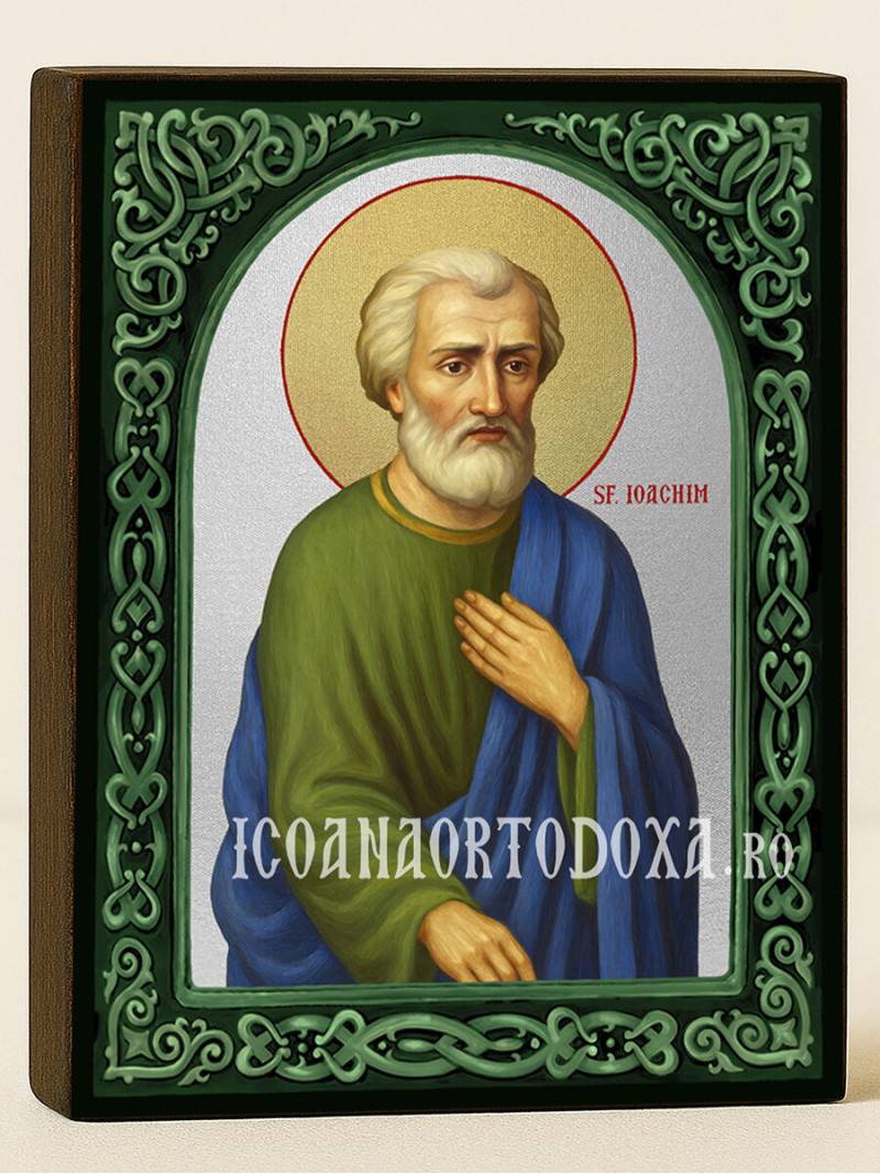 Icoană cu Sfântul Ioachim cu arc floral verde și fundal argintiu