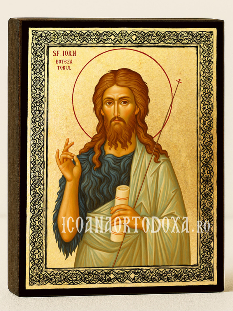 Icoană aurită cu Sfântul Ioan Botezătorul și ramă decorativă