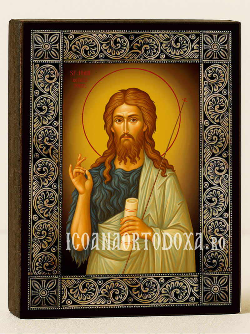 Icoană cu Sfântul Ioan Botezătorul cu ramă florală decorativă