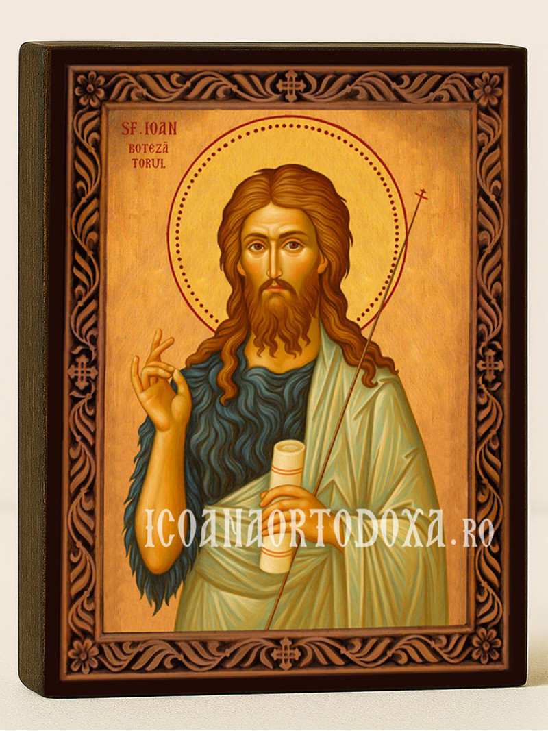 Icoană cu Sfântul Ioan Botezătorul cu ramă decorativă sculpturală