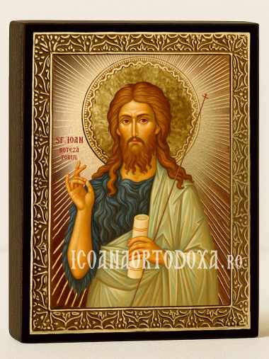 Icoană cu Sfântul Ioan Botezătorul cu raze aurii decorative