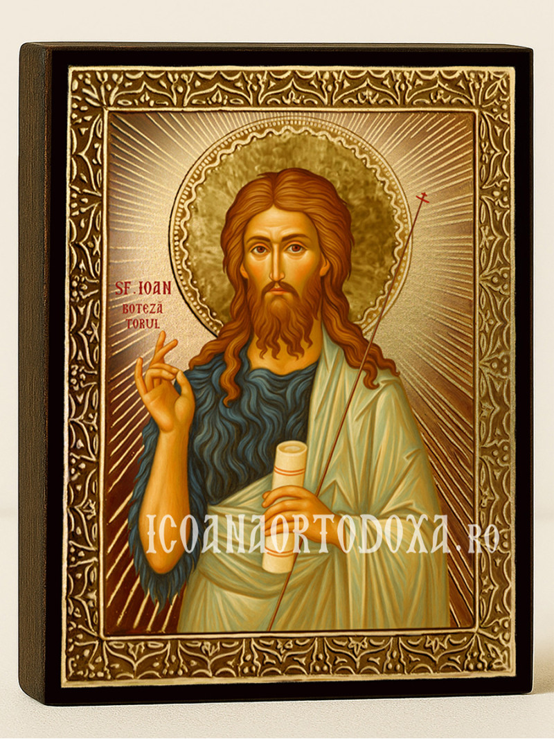 Icoană cu Sfântul Ioan Botezătorul cu raze aurii decorative