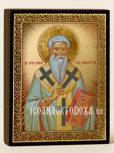 Icoană cu Sfântul Ioan cel Milostiv cu raze aurii decorative