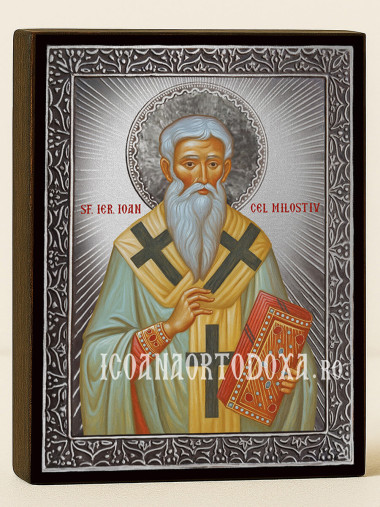 Icoană cu Sfântul Ioan cel Milostiv cu raze argintii decorative