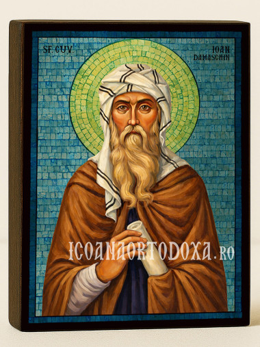 Icoană cu Sfântul Ioan Damaschin cu mozaic albastru argintiu