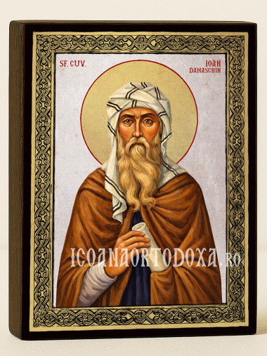 Icoană cu Sfântul Ioan Damaschin cu fundal argintiu și ramă aurită