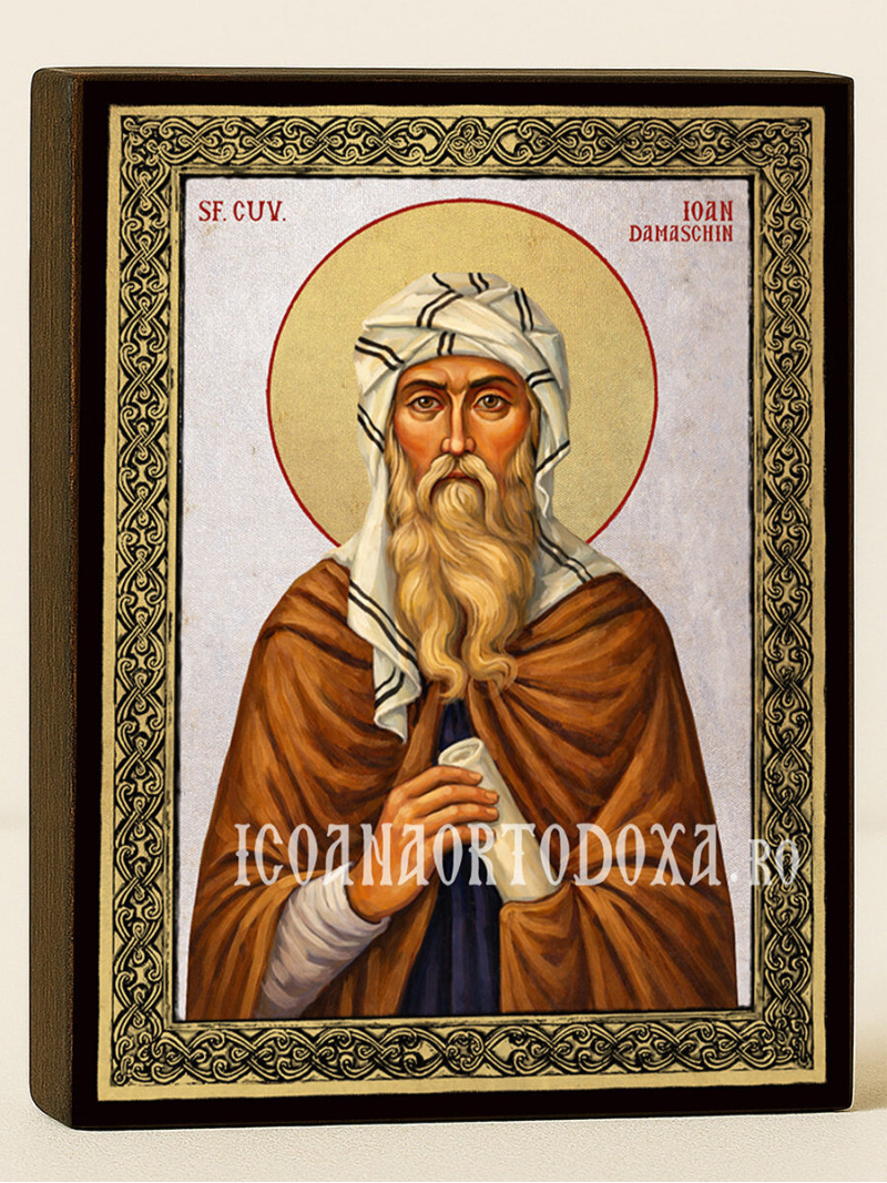 Icoană cu Sfântul Ioan Damaschin cu fundal argintiu și ramă aurită