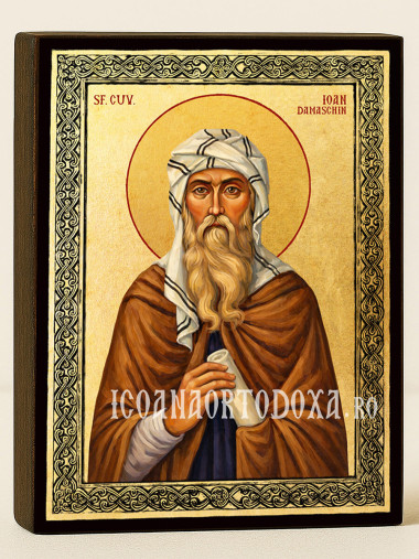 Icoană aurită cu Sfântul Ioan Damaschin și ramă decorativă