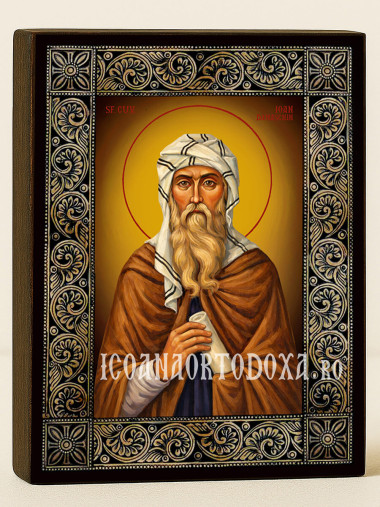 Icoană cu Sfântul Ioan Damaschin cu ramă florală decorativă