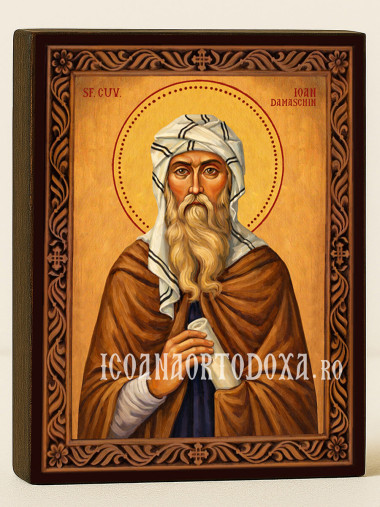Icoană cu Sfântul Ioan Damaschin cu ramă decorativă stil sculptat