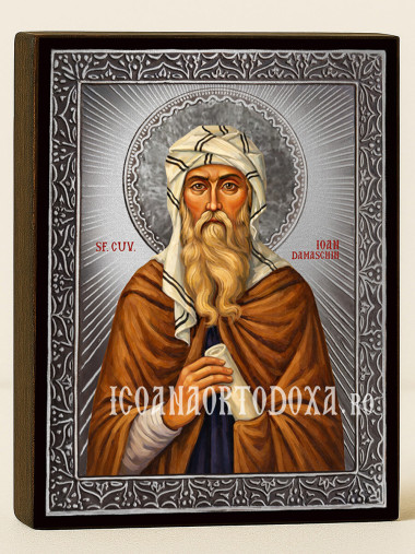 Icoană cu Sfântul Ioan Damaschin cu raze argintii decorative