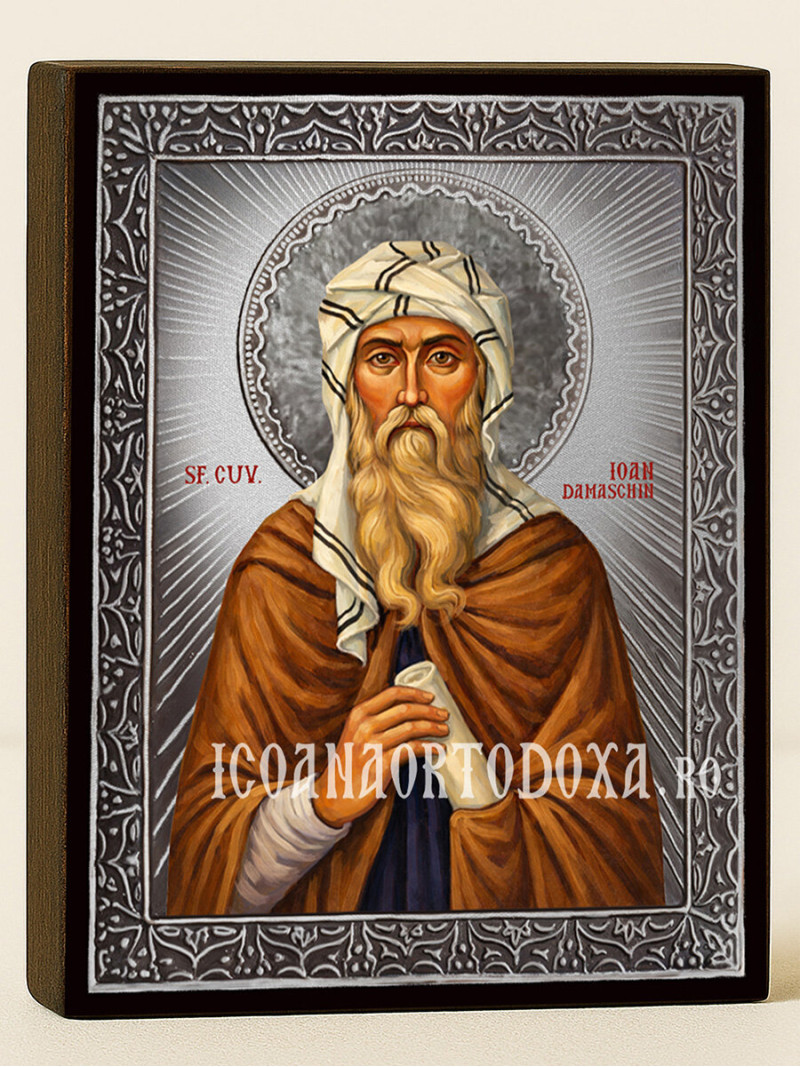 Icoană cu Sfântul Ioan Damaschin cu raze argintii decorative