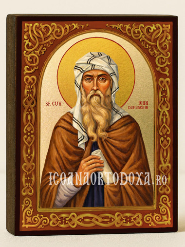 Icoană cu Sfântul Ioan Damaschin cu arc floral pe fundal auriu