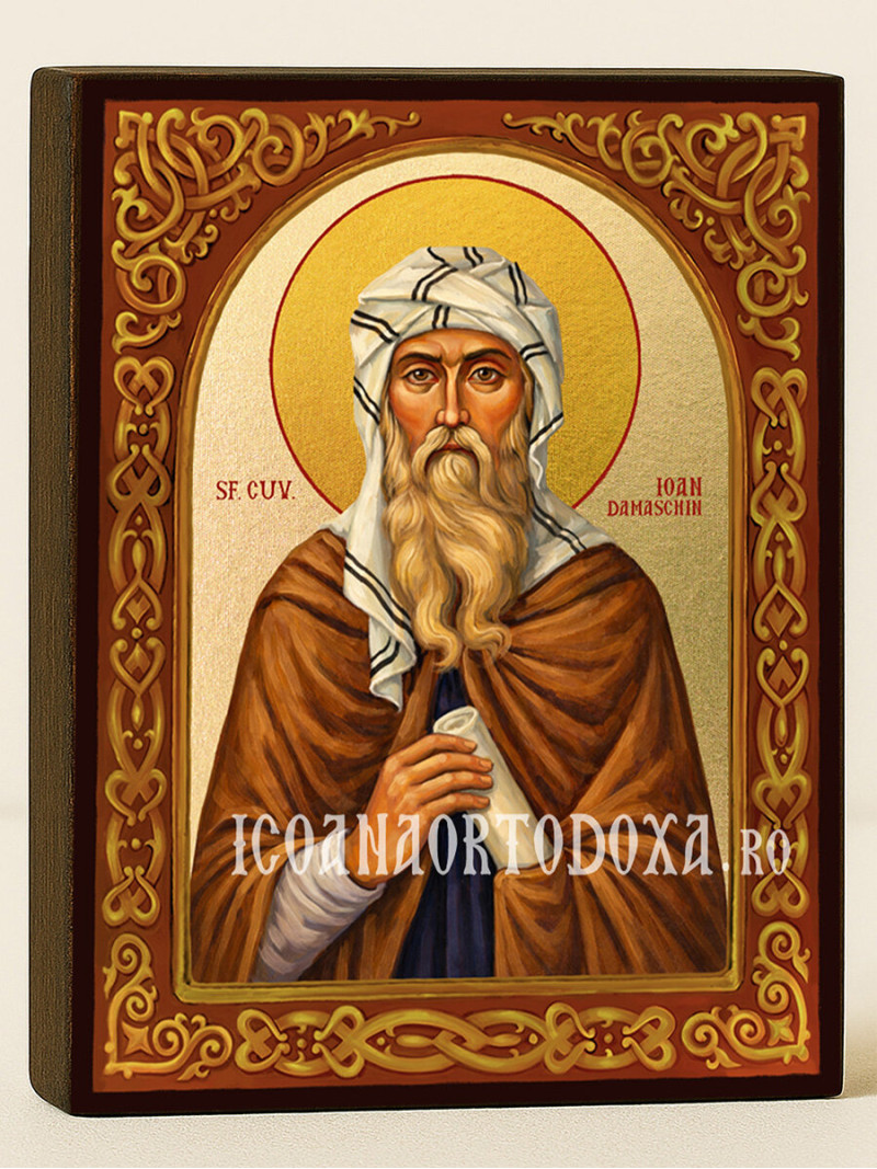 Icoană cu Sfântul Ioan Damaschin cu arc floral pe fundal auriu