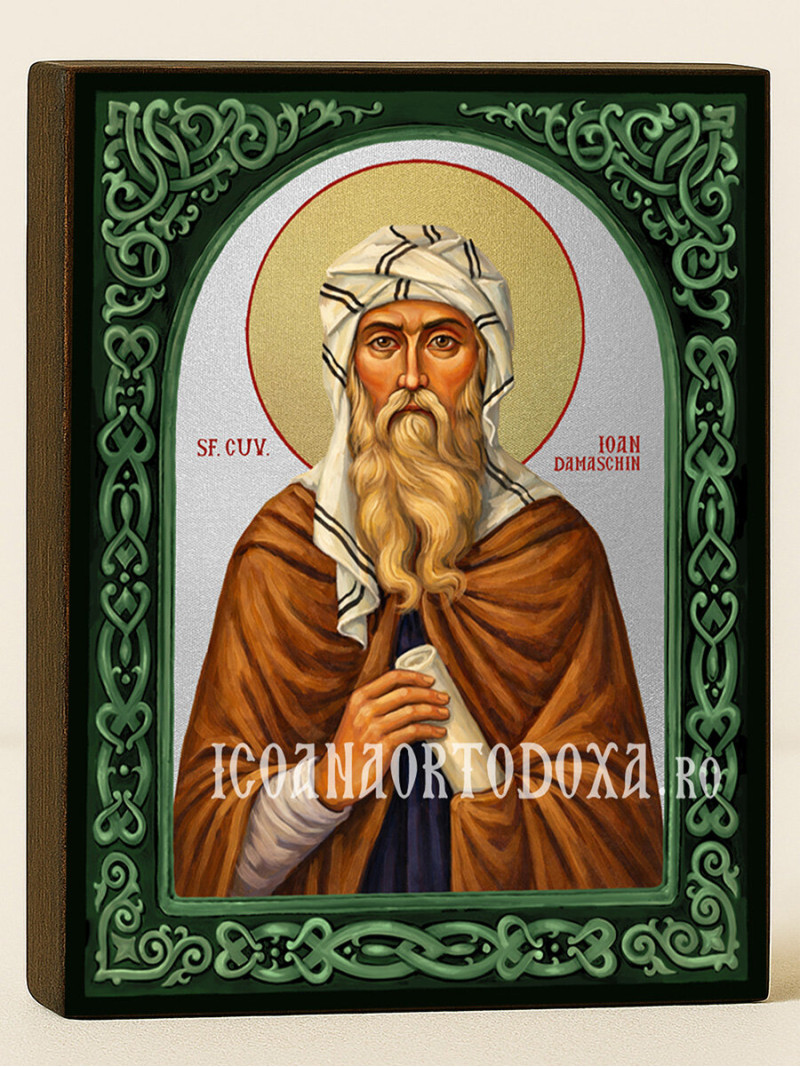 Icoană cu Sfântul Ioan Damaschin cu arc floral verde și fundal argintiu